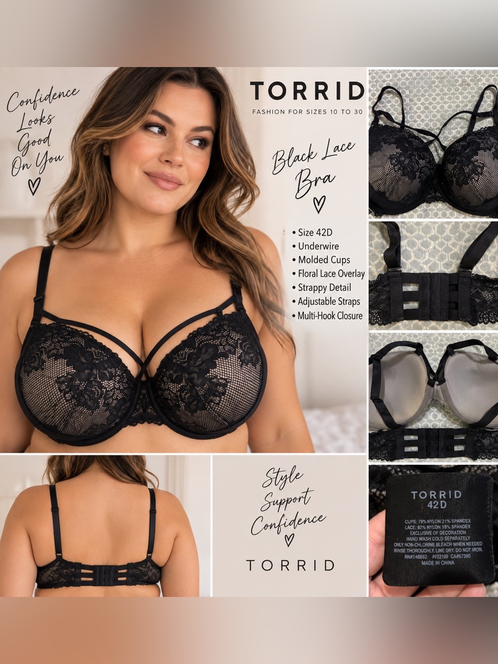 Torrid Black Floral Lace Strappy Underwire Bra 42D